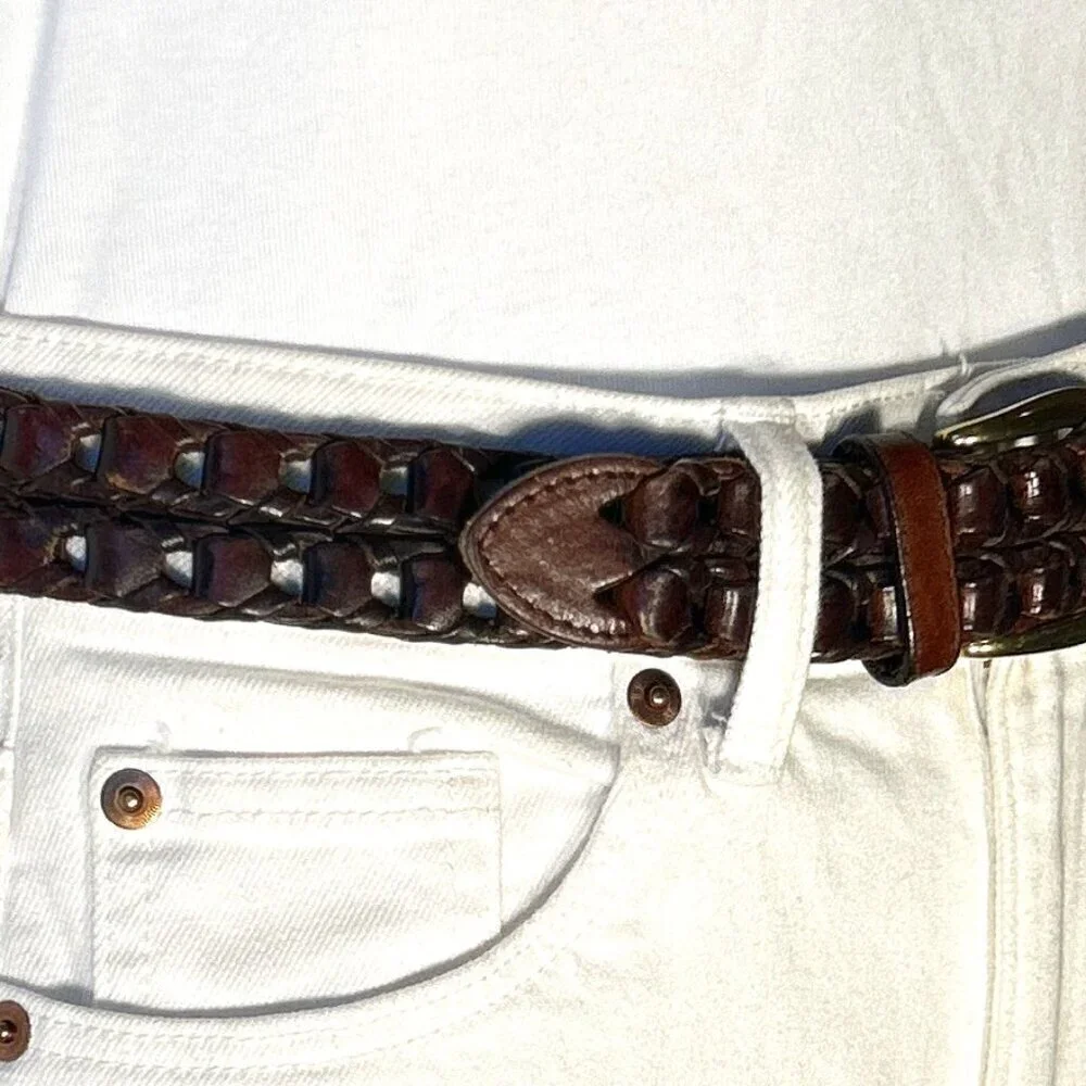 Roundtree & Yorke Mens Brown leather Belt woven open cutwork essential timeless